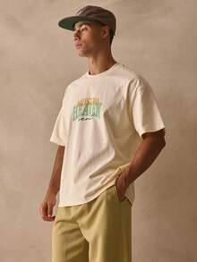 Musero Crew Neck Oversized Short Sleeve Drop Shoulder Top "HEAVEN Sent" Graphic Slogan Print Tshirt Spring Summer Essentials - Apricot - View 4