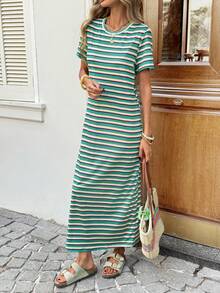 SHEIN LUNE Đầm nữ dáng suông kẻ sọc, có thắt lưng trang trí, thích hợp cho kỳ nghỉ hè, đi làm, mặc hàng ngày, là trang phục thời trang cơ bản với tay ngắn và chiều dài đến đầu gối. - Nhiều màu - Xem 6