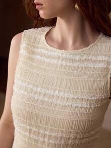 MOTF PREMIUM SPRING/SUMMER NEW KNITTED EMBROIDERED PATCHWORK SHINY CHIFFON SLEEVELESS ROUND NECK WOMEN LONG DRESS - Apricot - View 2