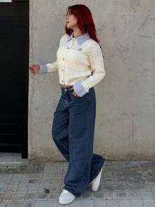 Bearsaez 时尚博主风格二合一拼布针织开衫 - 米色 - 查看 4