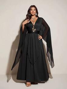 Viva Relle Sexy & Elegant Solid Color Deep V-Neck Waist Cinched Long Dress - Black - View 6