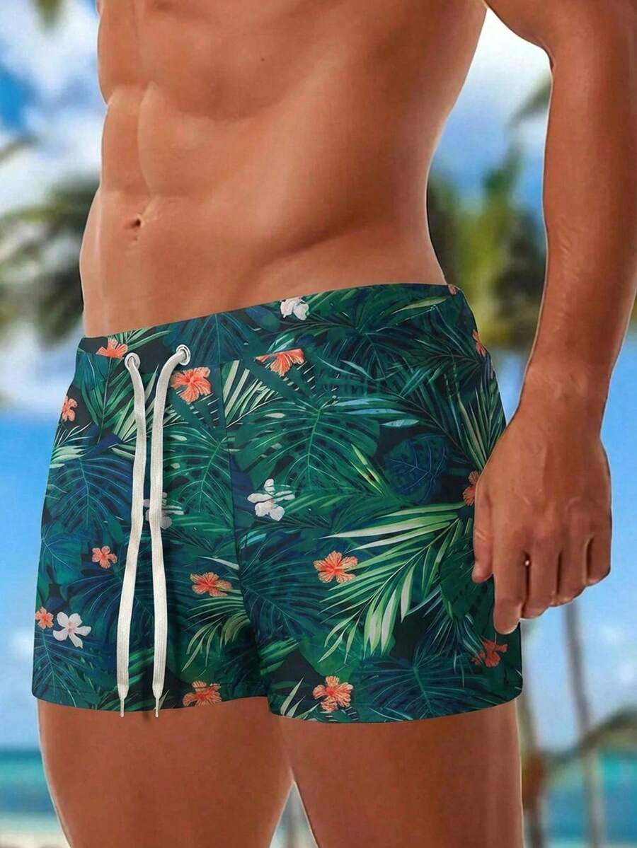 Manfinity Swimmode Bañador de hombre con estampado tropical de plantas y cintura elástica para playa/piscina - Verde - Ver 1