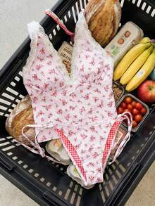 Swim Mod 两件套女士沙滩装，时尚可爱性感度假沙滩泳池游艇派对花卉蕾丝露背吊带短款上衣和侧系带比基尼泳裤套装 - 彩色 - 查看 3