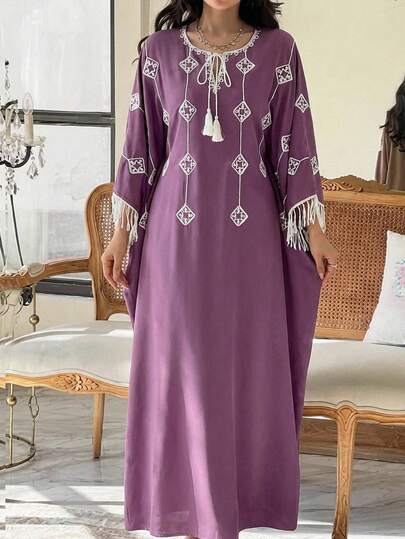 Al Najma Vestido maxi con flecos estilo turco para mujer, túnica larga tradicional árabe