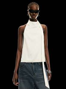 LYSMO Áo kiểu satin cổ yếm xếp ly dành cho nữ, thiết kế thắt khăn điều chỉnh được, hở lưng, hàng mới về năm 2025, phong cách tiên phong, cá tính. - Vàng nhạt - Xem 13