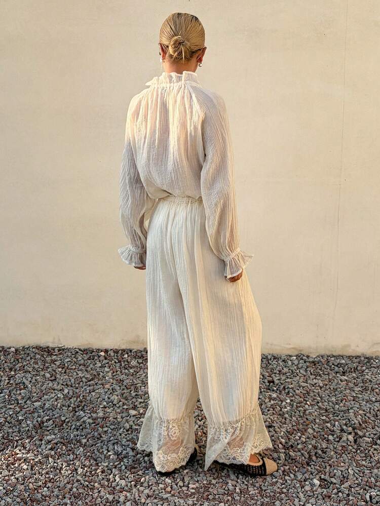 Women's 2 Pieces Set: White Ruffle Tie-Up Blouse & Lace Patchwork Pants, Summer Holiday Outfit