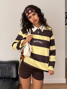 Muchica Yellow Striped Knit Women's Long Sleeve Top And Shorts Set - Brown - View 7