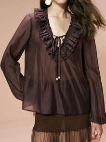 Aveloria Modichic 女士优雅纯色V领荷叶边灯笼袖衬衫 - 棕色 - 查看 3