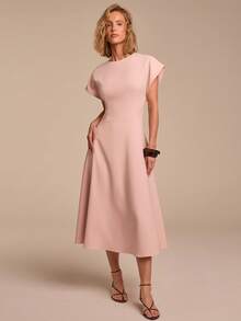 COSMINA A-Line Half Sleeve Batwing Midi Dress, Casual Commute Elegant Retro Vacation Swing Dress - Baby Pink - View 5