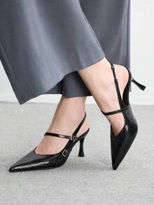 CUCCOO BIZCHIC 蛇纹露跟鞋，法式优雅尖头高跟凉鞋 - 黑色 - 查看 5