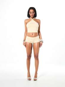 SUMWON WOMEN Damen Trägertop mit Spitzendetails an den Seiten und Bindeband Vorne, Sommer Mode Lässig Casual Wear - Aprikosenfarben - Übersicht 3