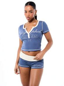 BABYPHAT Women's 1999 Varsity Graphic Henley Short Sleeve Ribbed T-Shirt With Contrast Trim And Star Details - Blue - View 6