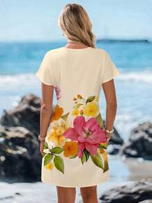 Sylviya Đầm ngắn cổ chữ V in hoa giản dị dành cho nữ, thích hợp cho kỳ nghỉ xuân/hè. - Nhiều màu - Xem 2