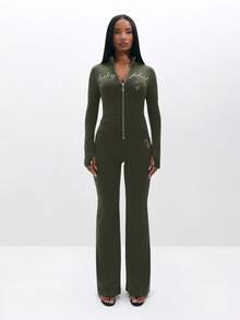 BABYPHAT Plus Size Olive Green Zip Up High Neck Long Sleeve Top With Text Print - Army Green - View 1