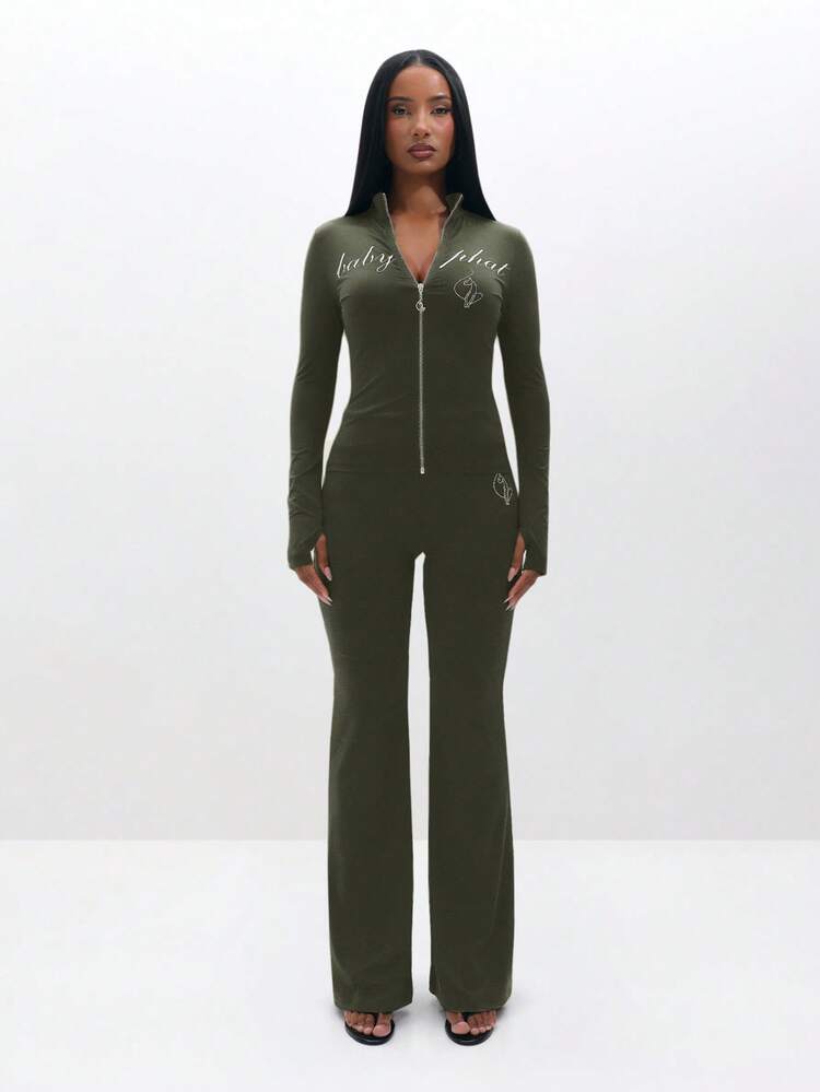 BABYPHAT Plus Size Olive Green Zip Up High Neck Long Sleeve Jumpsuit With Text Print