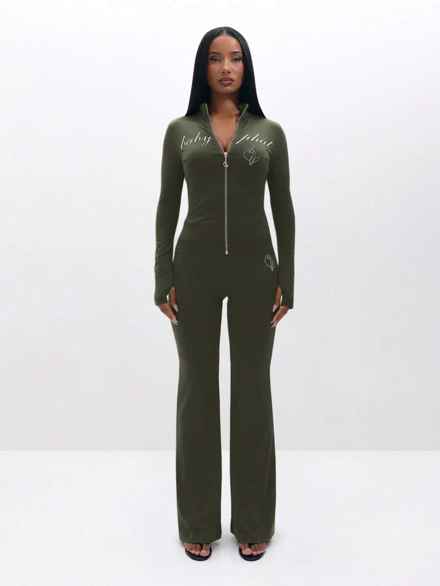 BABYPHAT Plus Size Olive Green Zip Up High Neck Long Sleeve Top With Text Print - Army Green - View 1