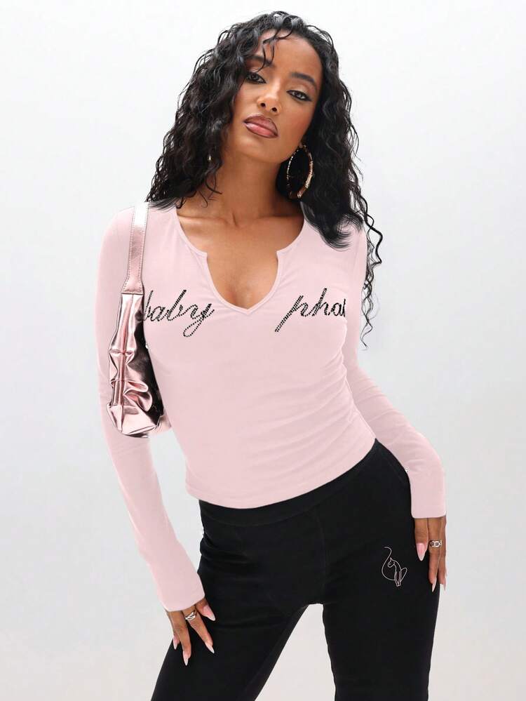 BABYPHAT Plus Size Women Long Sleeve Notch Neck Pink Top With Rhinestone Baby Text Casual Everyday Wear