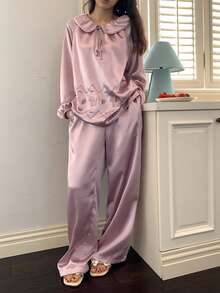 DAZY 2pcs Cute Cat Pattern Loose Fit Shirt Collar Long Sleeve Top And Pants Women Pajama Set, Spring - Pink - View 4