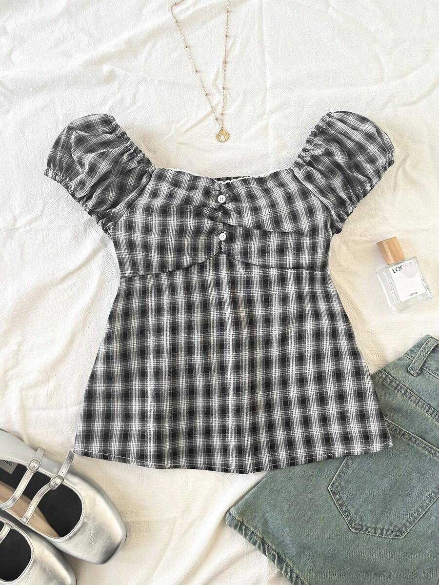 SHEIN 青少年女孩休閒翻領短袖短版腰部上衣 - 黑與白 - 查看 1