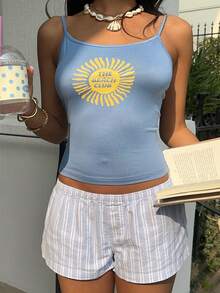 INAWLY Camiseta de tirantes corta y ajustada con estampado de letras de sol, estilo casual de vacaciones y uso diario, verano - Azul - Ver 4
