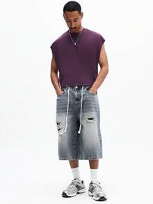 SUMWON 男士无袖圆领背心，星形图案印花设计，休闲夏季日常基础款T恤款式 - 酒紅色 - 查看 3