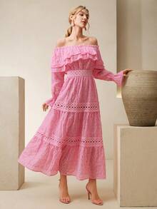 Anewsta 粉色刺绣花卉饰边露肩连衣裙，浪漫度假风，适合春夏穿着 - 粉色 - 查看 3