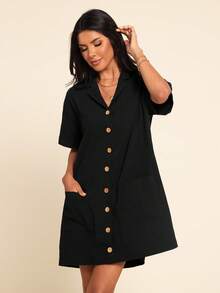 Coeurva 棉质女士春夏沙滩度假优雅正式连衣裙，女士春夏沙滩度假优雅正式碎花连衣裙，夏季女士长裙，女士休闲优雅浪漫舒适宽松黑色连衣裙，春夏，黑色连衣裙，女士直筒连衣裙，度假连衣裙，纽扣连衣裙，休闲连衣裙 - 黑色 - 查看 12