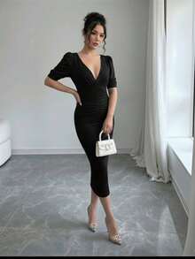 Vestido midi con burdeos . - Negro - Ver 5