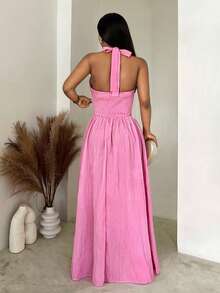 BamGleam Đầm dáng rộng, thắt eo, buộc dây, vai trần, chất liệu vải co giãn với họa tiết lượn sóng 3D, họa tiết Paisley, thích hợp cho tiệc tùng, kỳ nghỉ, mặc hàng ngày, mùa xuân/hè. - Màu Hồng baby - Xem 2