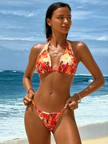Swim Vcay Bộ bikini 3 mảnh in hoa dành cho nữ, có áo khoác ngoài viền tua rua, kiểu dáng dự tiệc biển và nghỉ lễ. - Nhiều màu - Xem 4