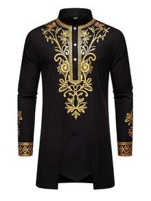 Manfinity RSRT 男士植物印花立领长袖衬衫和裤子两件套男士非洲套装黑色和金色男士西装非洲衬衫和裤子套装男士男士达西基套装男士非洲服装，秋季服装 - 黑色 - 查看 5