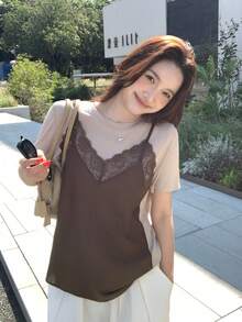 DAZY 女士二合一长袖T恤，韩版，春秋季 - 咖啡棕 - 查看 6