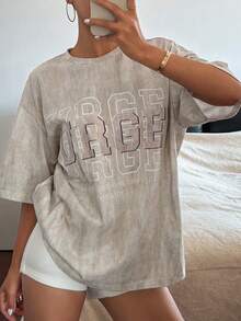 DAZY Áo thun denim nữ in chữ, nhuộm tie-dye, kiểu dáng thường ngày, thích hợp mặc đi chơi. - Màu Khaki - Xem 1