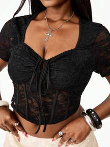 Coolane Women's Plus Size Summer Flattering Curvy Fit Elegant  Sexy Lace Slim Fit T-Shirt Plus Size Waist-Defining Top, Figure-Flattering Fit - Black - View 7
