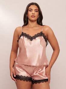 SHEIN BAE Plus Size Faux Silk Lace Trim Cami Top And Shorts Pajama Set Satin Pajama Set Lace Trim Pajama Set Satin Sleepwear Set Lingerie Pajama Set Lace Pajama Set Lace Pj Set Lingerie Sleep Set Babydoll Pajama Set - Dusty Pink - View 4