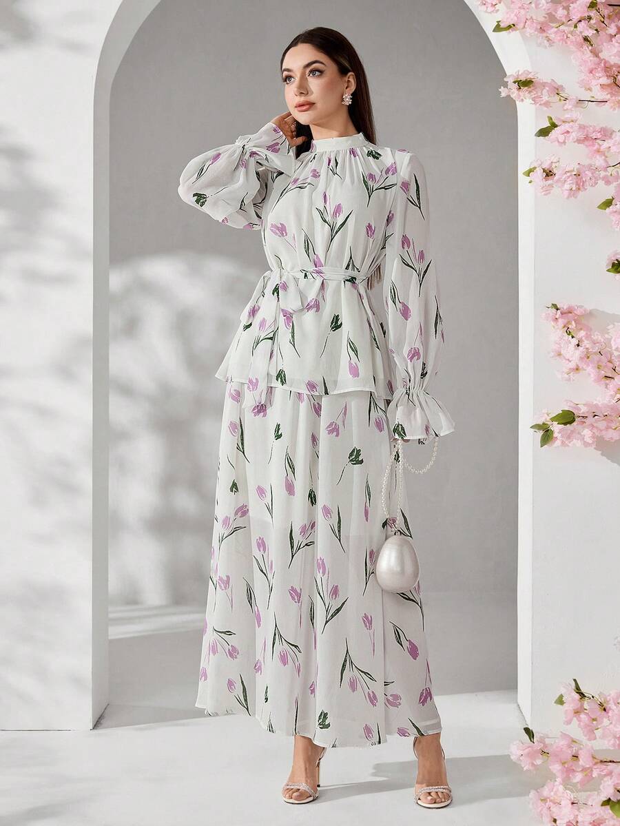 Veilorie 女士优雅通勤印花衬衫和半裙两件套