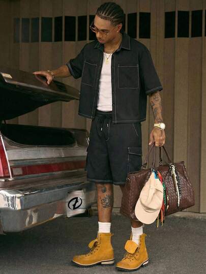 AXEPEAK Men's Summer Casual Daily Commute Fashion Street Contrast Stitch Pocket Short Sleeve Shirt And Drawstring Waist Shorts Set