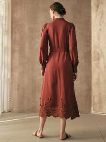 Arave 女士编织圆领长袖折扣设计蕾丝下摆拼接休闲约会派对收腰红色连衣裙 - 紅色 - 查看 3