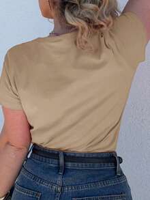 Jeta Ari Camiseta feminina casual de verão com bordado de coração, gola redonda, manga curta, estilo antigo, roupa de trabalho feminina casual para negócios - Castanho Café - Ver 8