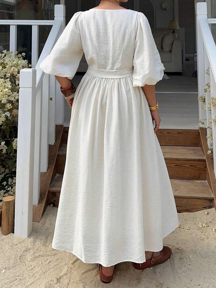 Dazy Plus Spring/Summer Beach Vacation, Valentine's Day, Wedding, Banquet, Ball Gown, Fashion Party, Old Money Luxury White Dress With Waist Cinching, Plus Size Sun Dresses For Women