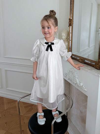 DAZY Girls (Small) Sweet Peter Pan Collar Bow Beaded Mesh Dress, Summer New Arrival