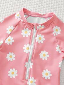 Cozy Pixies Áo tắm liền thân dài tay có khóa kéo in hoa cho bé gái, thích hợp cho kỳ nghỉ hè ở bãi biển. - Hồng - Xem 2