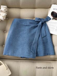 Franclia Shorts de mujer de diseño versátil con lazo lateral, estilo casual de vacaciones, shorts de falda de mujer, shorts de verano con ambiente de vacaciones - Azul - Ver 1