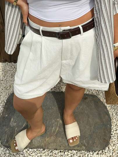 Dazy Plus 大码女式纯色褶皱休闲卷边短裤，春夏款