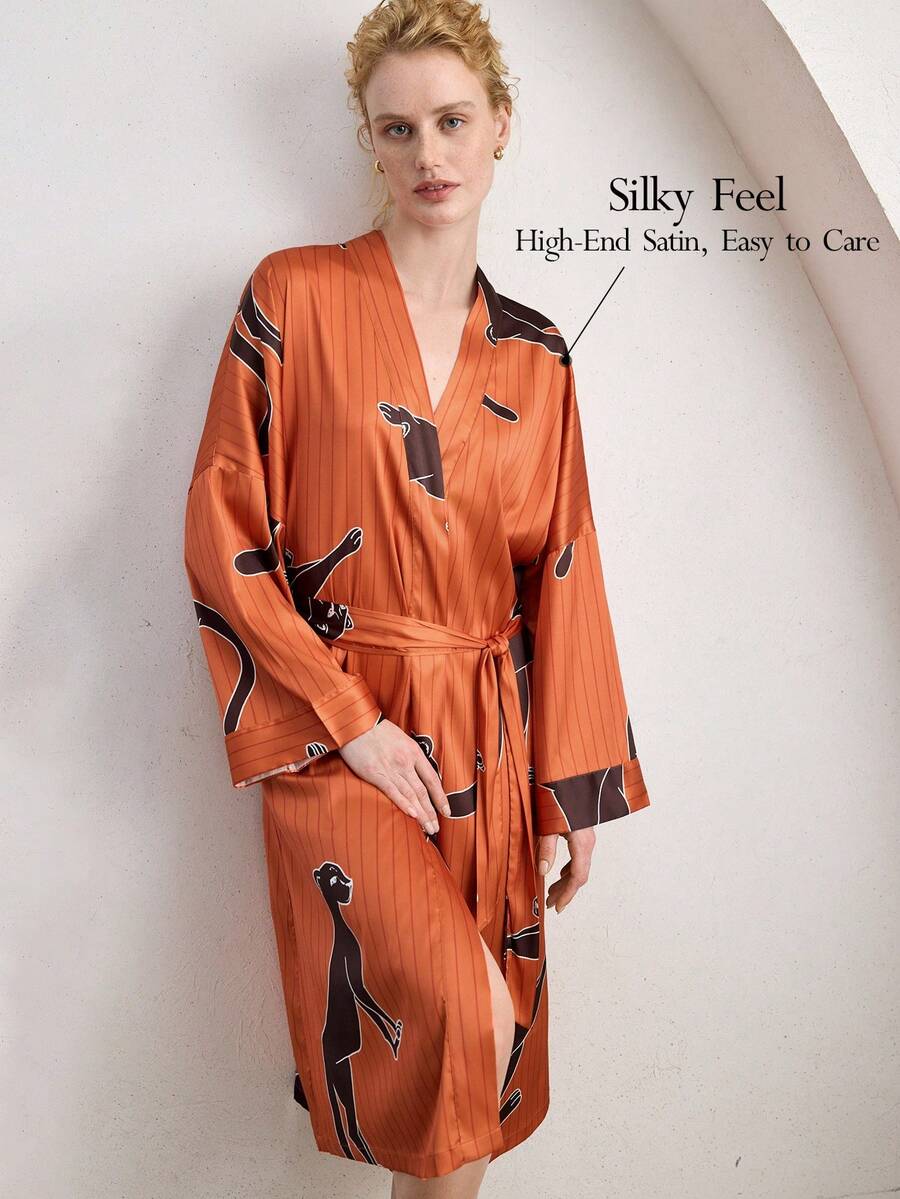 Ocili 丝滑缎面动物豹纹宽松系带长睡袍,舒适女士睡衣 - 珊瑚橙 - 查看 1