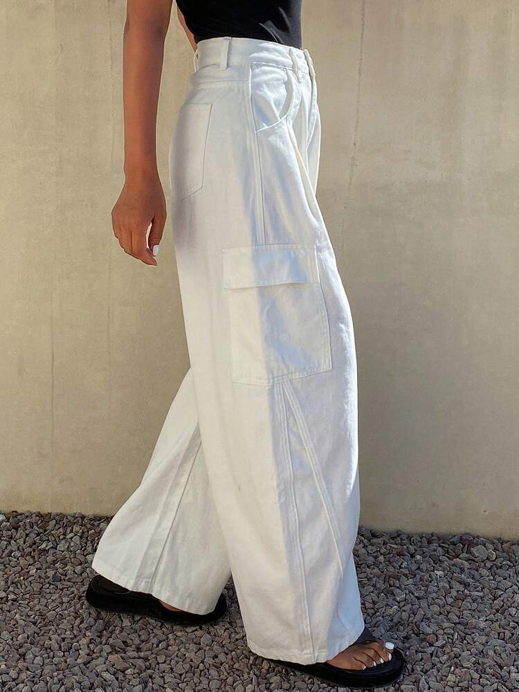 Women's Regular Waist Pleated Pocket Decor Loose Wide Leg Jeans, Casual City Style