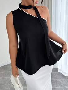 Elenzga Blusa asimétrica de hombro con decoración de perlas en corte evasé, talla grande para primavera/verano - Negro - Ver 3