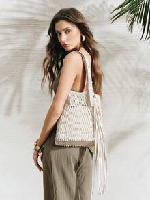 SHECARRY 女士单肩包，编织镂空单肩包，时尚假日流苏包。 - 米色 - 查看 9