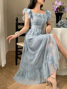 Vestido de tirantes, con volantes, estampado floral diminuto, con cuello de pico, estilo para ir al trabajo, vestido largo - Gris azul - Ver 10