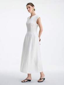 Aalyst Women's V-Neck Waist Cinching Dress, Suitable For Vacation, Commuting, Spring/Summer Wear - Beige - View 4